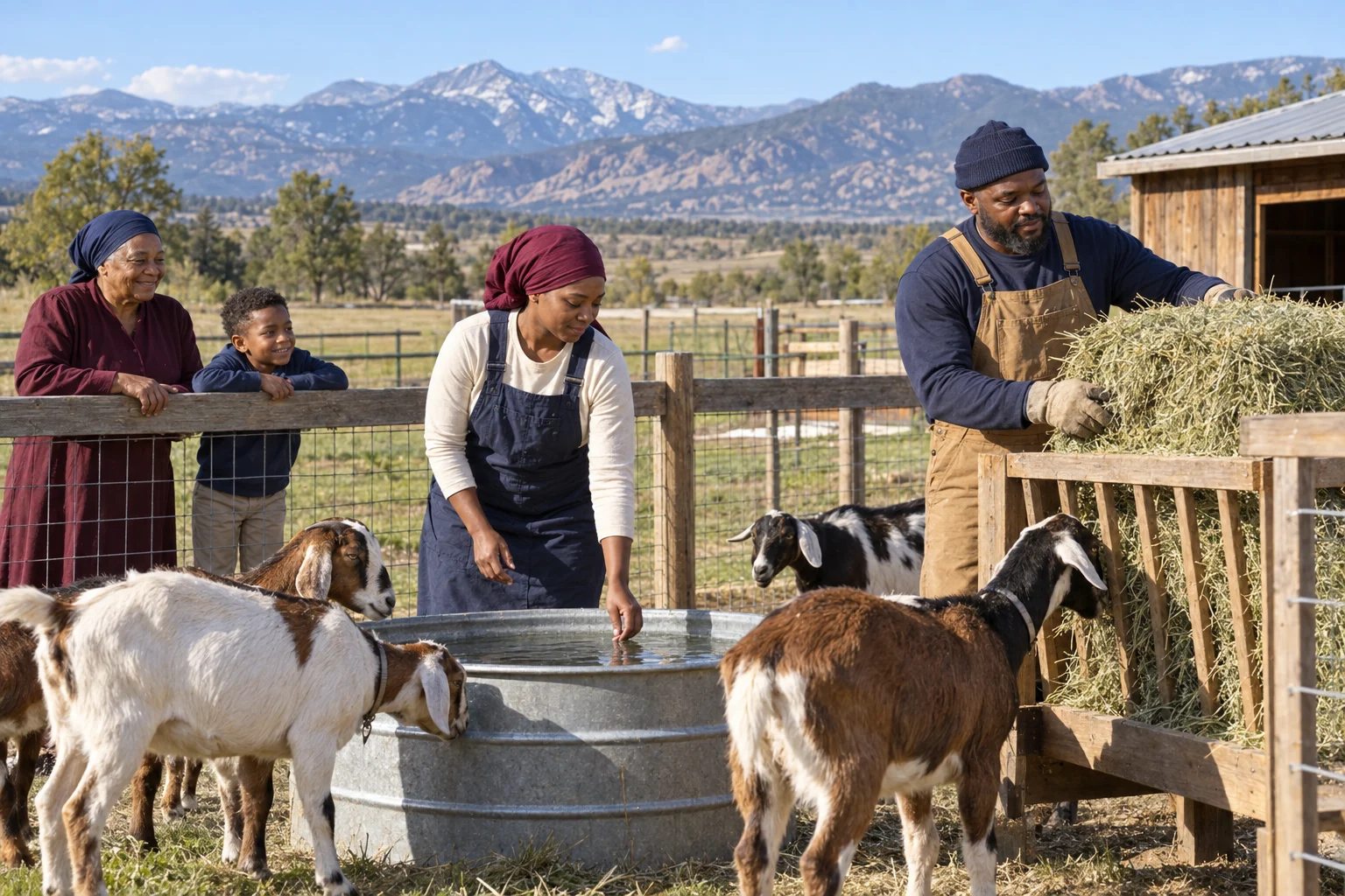 a Black family caring for goats on a small farm