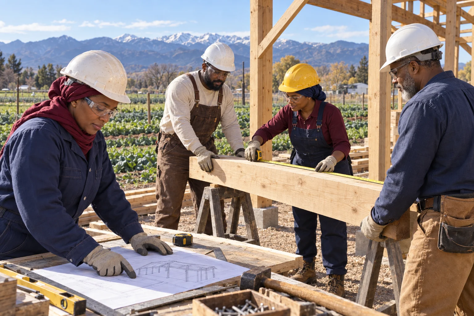 skilled community members building farm facilities
